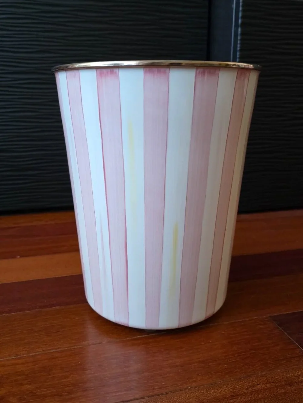 MacKenzie-Childs Bathing Hut Pink Stripe Enamel Wastebasket Trash Bin Retired